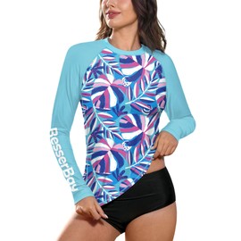 BesserBay Women's Surfing Stretchable Rash Guard Long Sleeve Sun Protection Quick Drying Swimming UV top Blue-Purple Leaves L