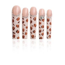 Artiprint Leopard Print Press On Nails with Rhinestone Accents, Long Coffin Shape, Reusable, 10PCS Fake Nails for Manicure, Trendy and Stylish (L072, L)