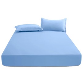 KHIM Luxury Extra Deep Fitted Sheet 16”/40CM Breathable Poly Cotton Plain Soft Long-Lasting Bed Sheet Single Double King Super King (Sky Blue, Super King + Pillowcase Pairs)