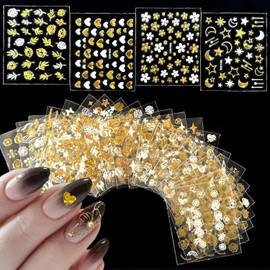 30 Sheets Gold Nail Art Stickers Flower Nail Decals 3D Self Adhesive Star Moon Nail Stickers Holographic Heart Snowflake Nail Art Design for Women Girls Acrylic Nail Decoration Accessories