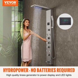VEVOR Shower Panel, 6 Shower Modes, LED & Screen Hydroelectricity Shower Tower Panel System, Rainfall, Waterfall, 8 Massage Jets, Tub Spout, Handheld Shower, Stainless Steel Wall-Mounted Shower Set