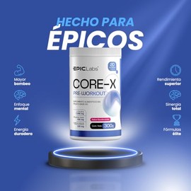 Epic Labs Core-X Pre Entreno Clínico con Cafeína Natural, L-Citrulina 7000 mg, Rhodiola Rosea y Electrolitos – Energía, Enfoque y Bombeo para Entrenam