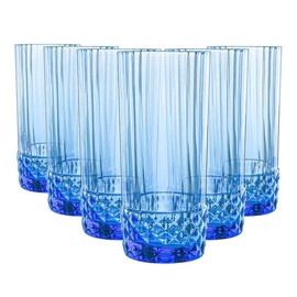 Bormioli Rocco America '20s Set Of 6 Cooler Glasses, 16.5 Oz. Colored Crystal Glass, Sapphire Blue, Made in Italy.