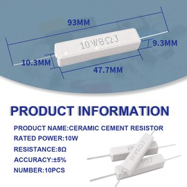 Innfeeltech 10 Pcs 10W 5% Tolerance 8 ohm Ceramic Cement Resistor For DIY Project and Experiments