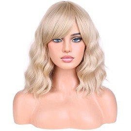BERON Blonde Short Wigs for Women Girls Curly Wavy Shoulder Length Hair Wig with Side Bangs Ash Blonde Fun Synthetic Heat Resistant Wig