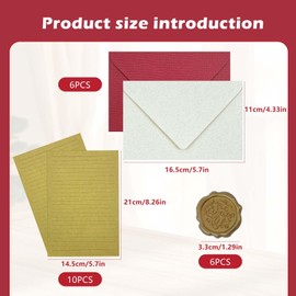 Vintage Letter Paper with Envelope, Letter Paper Set with 6 Linen Envelope Envelopes and 6 Wax Seals, 10 A5 Writing Paper Elegant for Wedding Invitation Greeting Cards Gift