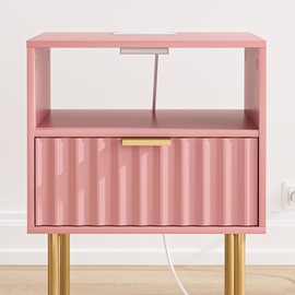 Masupu Nightstand with Charging Station,Mid-Century Modern Bedside Table with Storage Drawer and Open Wood Shelf,Small Gold Frame Side Table for Bedroom,Living Room (Pink Fluted)