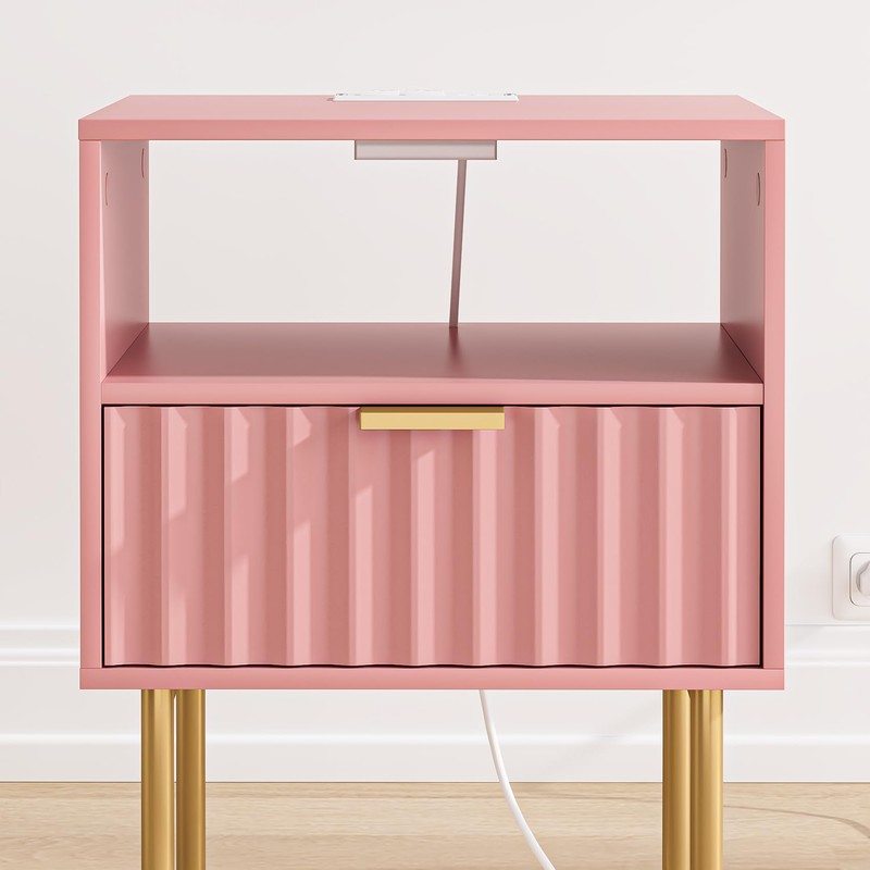Masupu Nightstand with Charging Station,Mid-Century Modern Bedside Table with Storage