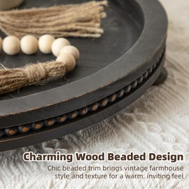MACVAD 2 Piece Oval Black Wooden Serving Tray Set with Beaded Design, Centerpiece Table Decorations Tray for Living Room Ottoman, Coffee Table Tray for Farmhouse Home Decor
