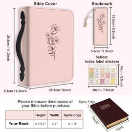 Hobbspring Lily Bible Case for Men Women Linear Plant Bible Cover with Bookmark Beautiful Flower Carry Bag with Handle and Zip PU Leather Bag for Adults Students Pink