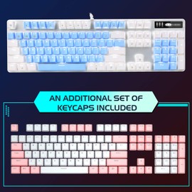 MageGee Mechanical Gaming Keyboard, 104 Keys White Backlit Mechanical Keyboards with Red Switches & Double-Shot Keycaps, Wired Ergonomic Computer Keyboard for Desktop, PC Gamers (White & Blue)