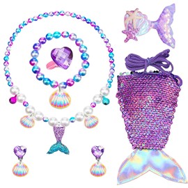 AUNGKWANG 7 Piece Mermaid Children's Jewellery Set Girls Mermaid Jewellery Set Mermaid Fin Girls Bag Necklaces Bracelets Rings Earrings Gifts for Girls from 3 Years, Plastic / resin, 1