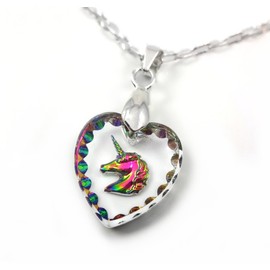 Little Gem Girl Rainbow Crystal Unicorn Heart Engraved Glass Pendant Necklace 18 inch Silver Chain