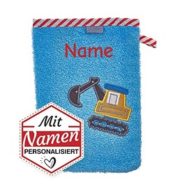 Children's Digger Wash Mitt Embroidered with Name, Boys Baby Toddler Wash Cloth for Bathing, Gift for Birth, Christening, Easter, Santa Claus