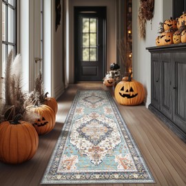 BEIMO Runner Rugs for Hallway 2x5 Machine Washable Runners, Boho Vintage Retro Floral Medallion Runners for Kitchen Entryway Bathroom, Low Pile Lightweight Thin Chenille Non Slip Runner Rug，Cyan