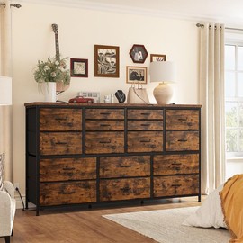 Raybee Furniture Dresser TV Stand with 16 Storage Drawers, 3 Power Outlets, Water-Resistant Top, Multifunctional Design for Living Room & Bedroom - Color: Rustic Brown