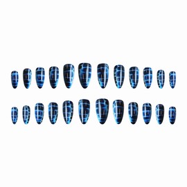 MERVF Almond Press on Nails Medium Dark Blue Fake Nails Snake Print Design Glue ons Nail Gothic Stiletto Acrylic Supplies DIY Manicure Glossy 24pcs