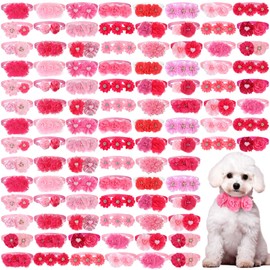 Abbylike 100 Pcs Valentine's Dog Collar Flowers Bows Dog Grooming Collar Bulk Adjustable Pet Bow Tie Cat Dog Collar Charms Flower for Valentine's Wedding Birthday Party Puppy Embellishments