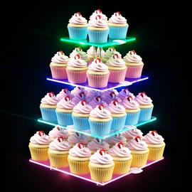 weddingwish 4 Tier Led Cupcake Stand, Clear Acrylic Cupcake Tower with Rechargeable Light, Cupcake Holder for 50 Cupcakes, Cupcake Dessert Display Stand for Parties,Weddings,Birthdays,Baby Shower