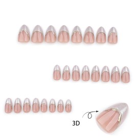 24Pcs Silver French Tip Press on Nails Short Almond Fake Nails 3D Gold Lines Glitter Glossy Design Full Cover Artificial Nails Pink Glue on Nails Chrome False Nails for Women Reusable Acrylic Nails