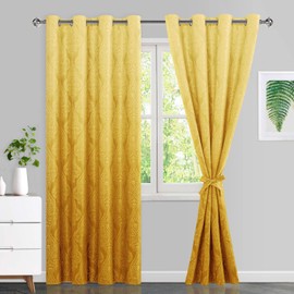 JIUZHEN Yellow Ombre Blackout Curtains for Bedroom – Damask Patterned Thermal Insulated Energy Saving Grommet Curtains with Tiebacks, 52 x 96 Inch, Set of 2 Panels