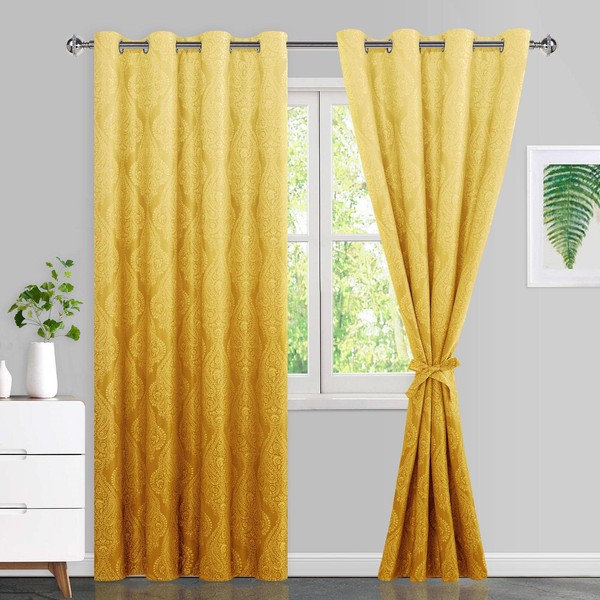 JIUZHEN Yellow Ombre Blackout Curtains for Bedroom – Damask Patterned