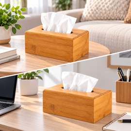Bamboo Tissue Box Holder for Home and Office – Natural Wood Finish with Easy-Access Opening for Bathroom, Bedroom and Desk