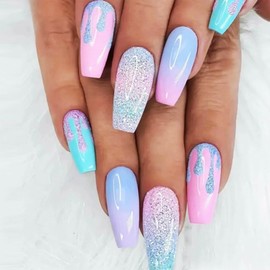 Coquette 24Pcs Rainbow Gradient Coffin Nails with Macaron Design - Sparkly Medium Glossy Glitter Manicure Art Acrylic False Nails