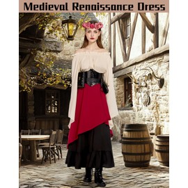minkasic Renaissance Costume Women Ren Faire Outfit Medieval Skirt Dress with Corset Belt Pouch Coin Purse Skirt Hike 7PC White Red M