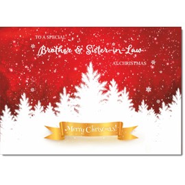 doodlecards Brother and Sister in Law Christmas Card White Forest with Red Sky Medium Size Christmas Card for Brother & Sister-in-Law with Plain Envelope