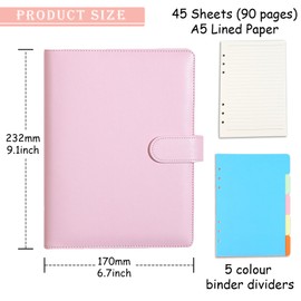 A5 Ring Binder, 6 Ring PU Leather Loose Leaf Notebook Planner Notebook Cover with 45 Sheets A5 Lined Paper, Binder Dividers for School Office Meetings,Pink