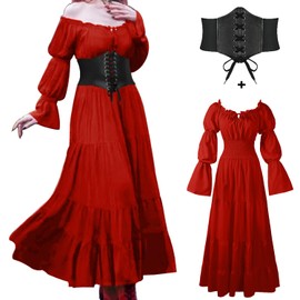 BITSEACOCO - Vestido renacentista de Halloween para mujer, disfraz medieval victoriano gótico de pirata campesina de bruja irlandesa vestidos de hadas (rojo vino, L)