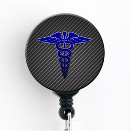 Carbon Fiber Caduceus - Masculine Retractable Badge Reel with Swivel Clip and Extra-Long 34 inch Cord - Badge Holder