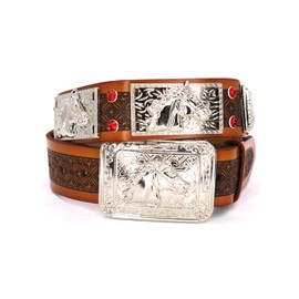 West Star Texas Rhinestone with Concho Fabric Belt Aztec Print Men Women Cowboy Genuine Leather 2 inches Width- Horse 802 BR M