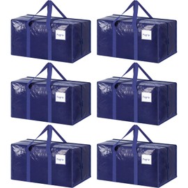 6 Pack Extra Heavy Duty Large Moving Bags with Strong Zipper & Comfortable Handles, Sturdy & Durable Clothes Storage Bags Totes Bins, Blue Packing Moving Boxes for College Supplies, Dark Blue