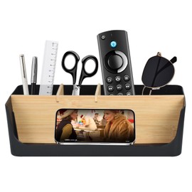 Desk Organiser Black 4 Compartments Bamboo Office Organiser Pen Holder Wooden Desktop Pen Large Desk Organiser with Removable Compartments for Office, School, Household, Cosmetics, Sticky Notes