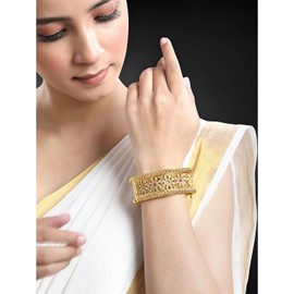 Aheli Gold Plated Thick Single Piece Synthetic Stone Studded Openable Kada Bangle Traditional Jewellery Gift for Women Size 2.8"