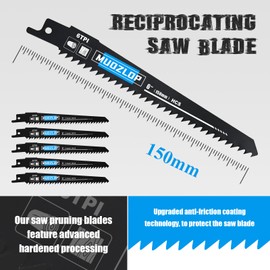 MUOZLOP 5 Pack 6 inch Reciprocating Saw Blades Set,6 TPI High Carbon Saw Blades, Woodcutting Saw Blades with Organizer Case (5, 6TPI/150mm)
