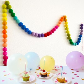 Colorful Wool Felt Ball Garland | Rainbow Pom Pom Garland | Handmade Felt Garland for Mantle, Wall, Table Centerpiece | Wool Felt Garland for Birthday, Christmas Home Decor 6.56 Ft 60 Felt Balls