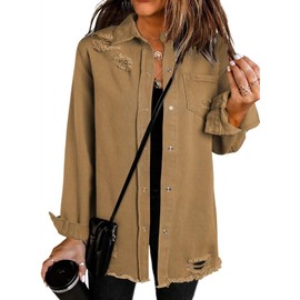 Dokotoo Womens Fashion Denim Jacket Oversized Spring Summer Country Concert Outfits Long Sleeve Denim Shirts Jean Jacket Boyfriend Western Shackets Classic Distressed Brown Jean Jackets for Women XXL