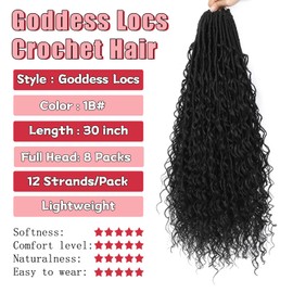 XIIMENALU Boho Faux Locs Crochet Hair 8 Packs Goddess Soft Locs with Curly Ends Pre-Looped Bohemian River Locs Crochet Hair Extensions for Black Women (1B#, 30 Inches (Pack of 8))