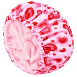 Shower Cap for Women Terry Lined Bath Cap Large Reusable Waterproof Elastic Band Pink Love Shower Caps for Long Thick Hair Soft Bath Shower Hair Caps