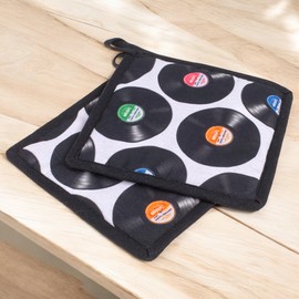 MIJOMA Oven Glove or Pot Holder - Retro Design for Stylish Cooking - High Quality Cotton with Digital Print (Vinyl Records, Set of 2 Pot Holders, 20 x 20 cm)