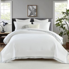 SahSahCasa Queen Comforter Set, Fluffy Comforter Bedding Set, 100% Cotton, Lightweight Quilted Comforter with Wide Border, 90" x 90", 3pcs, White/Gray