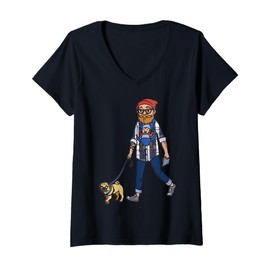 Womens Cartoon Character Walking A Dog For Kids V-Neck T-Shirt