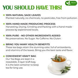 FreshDrinkUS, Premium 75 Sage Leaf Tea Bags, 100% Natural & Pure from Sage Leaves. Loose Leaf Herbal Tea. Made with Natural Material Tea Bags. No Sugar, No Caffeine, No Gluten, Vegan.