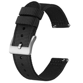 BISONSTRAP Men’s Nylon Watch Bands, Two-Piece Military Watch Straps, Quick Release, Brushed Buckle, 22mm, Black (Silver Buckle)