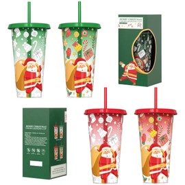 Colour Changing Cup 4 Pcs Plastic Christmas Cups Reusable Travel Tumblers with Lids and Straws Iced Coffee Cup Cold Water Drink Change Cups, 710ml
