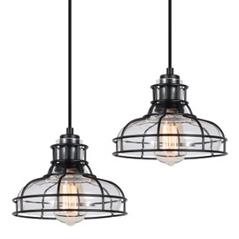YKLITG 2PK 8.7" Industrial Pendant Lights with Glass Shade & Metal Cage