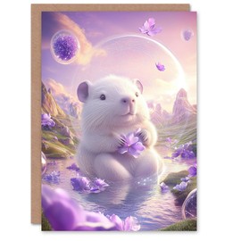 Artery8 Greeting Card Cute Hamster Floral Pastel Purple Lake Fantasy For Child Kids Birthday Card
